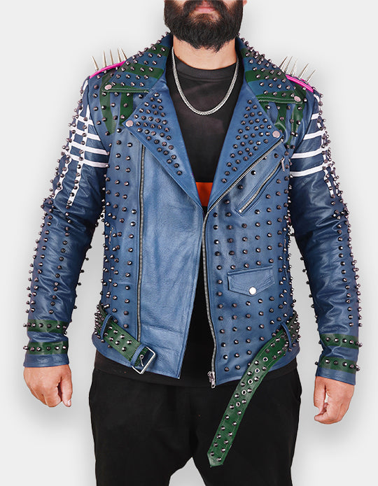 Men's Blue & White Studded Leather Jacket with Patches